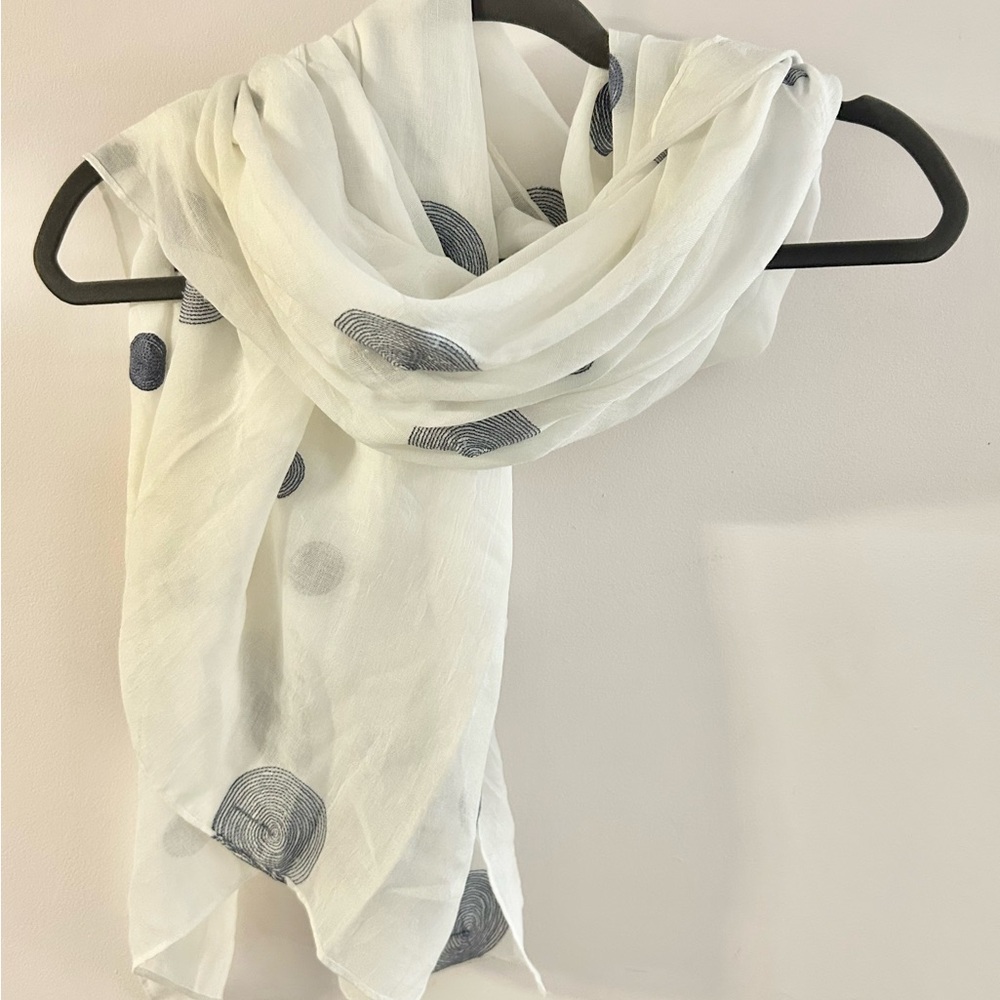 White Scarf with Blue Embroidered Polka Dots